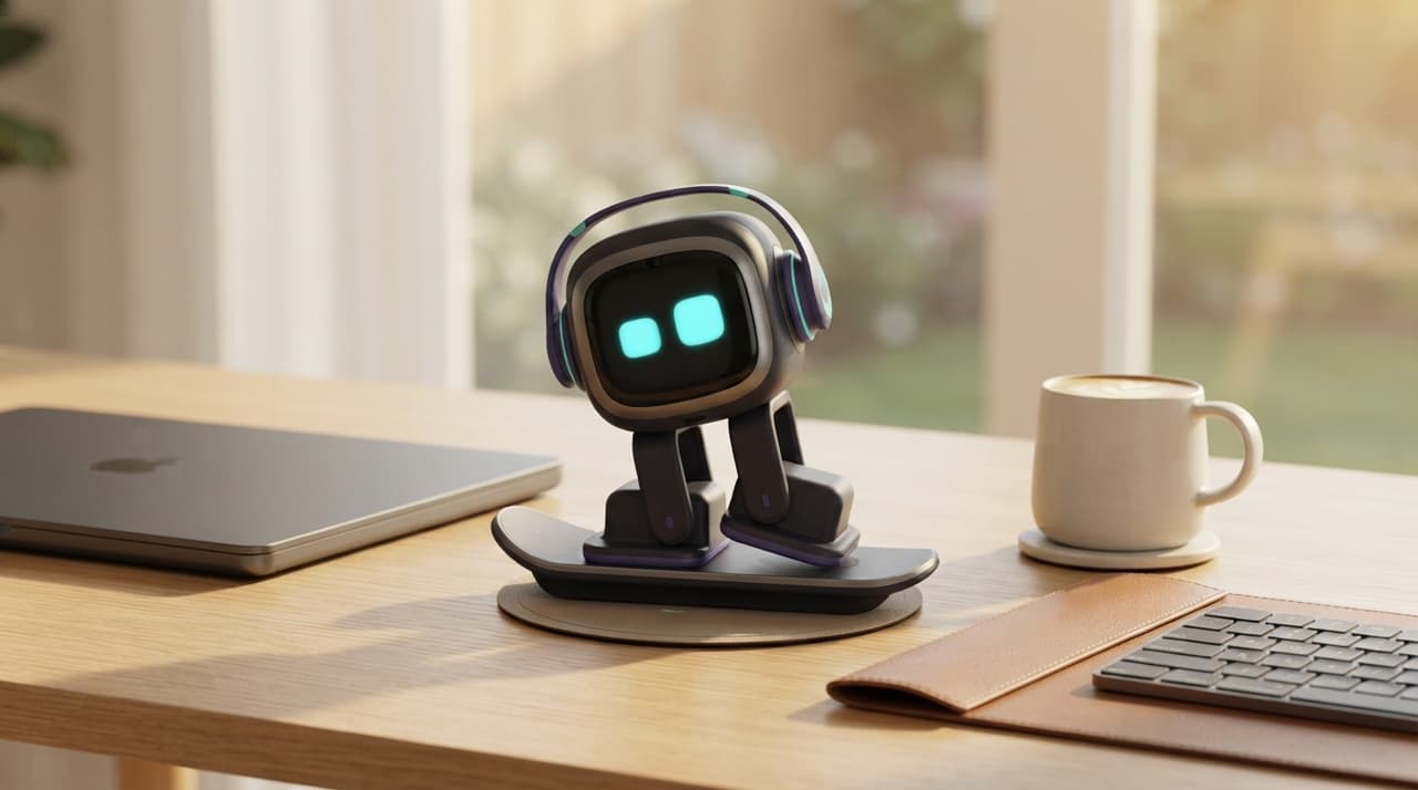 EMO-Desktop-Roboter mit leuchtenden Cyan-Augen und Kopfhörern auf seinem Skateboard-Dock, daneben Laptop und Kaffeetasse (KI-Darstellung nach Living.ai-Referenzmaterial)