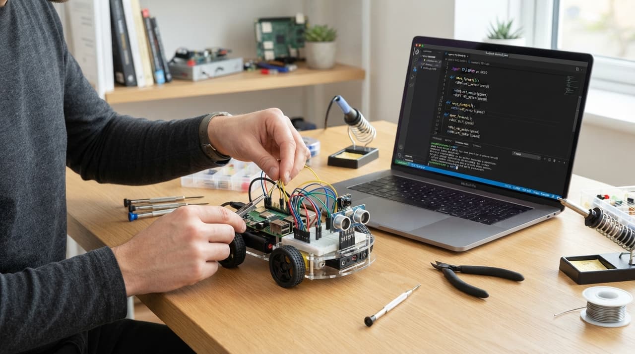 Bastler montiert einen kleinen Raspberry-Pi-Roboter mit Jumper-Kabeln, daneben ein Laptop mit Python-Code (KI-Illustration)