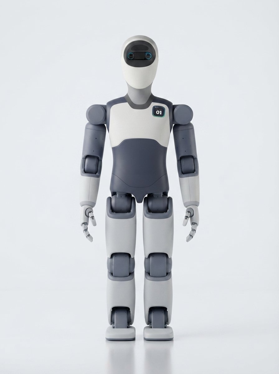 Agile ONE frontal im Studio — cremeweißer Kopf mit dunklem Visier und zwei cyan leuchtenden Kamera-Augen, dunkler Torso mit 01-Badge (KI-Studio-Darstellung auf Basis von Agile-Robots-Produktgrafik)