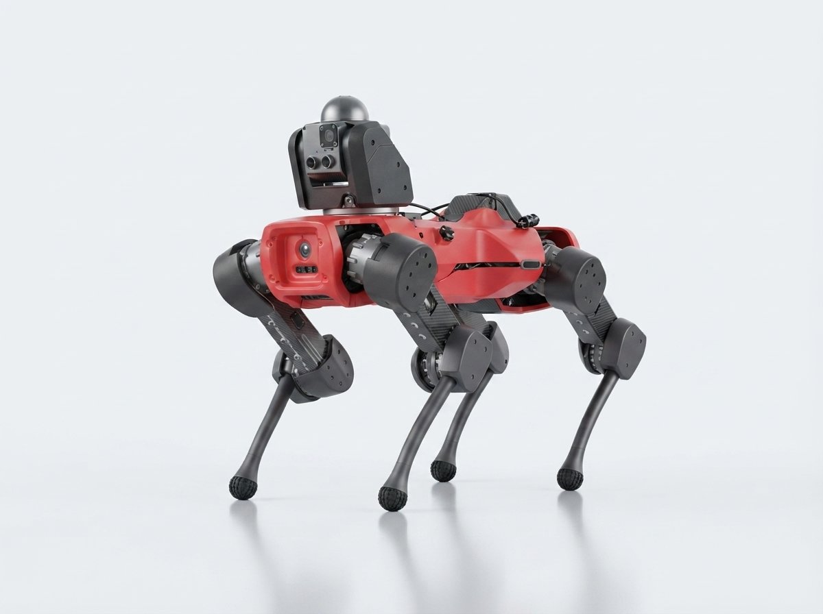 ANYbotics ANYmal im Studio — rot-schwarzer Inspektions-Vierbeiner mit Sensor-Dome (KI-Studio-Darstellung auf Basis von ANYbotics-Material)
