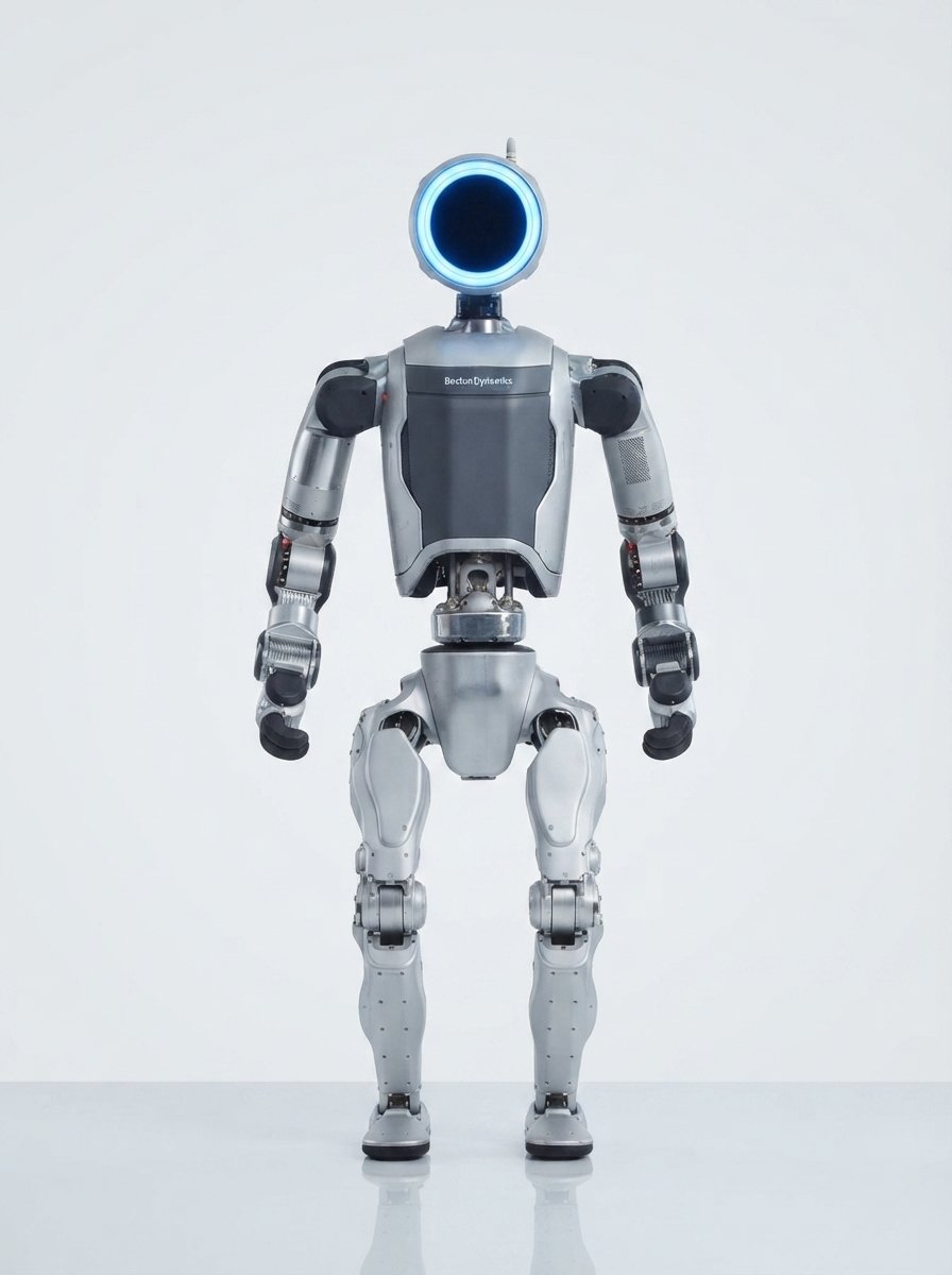 Boston Dynamics Atlas (elektrisch) frontal im Studio — grauer Körper mit sichtbaren Aktuatoren, runder Kopf mit blauem Ring-Licht (KI-Studio-Darstellung auf Basis von Boston-Dynamics-Material)