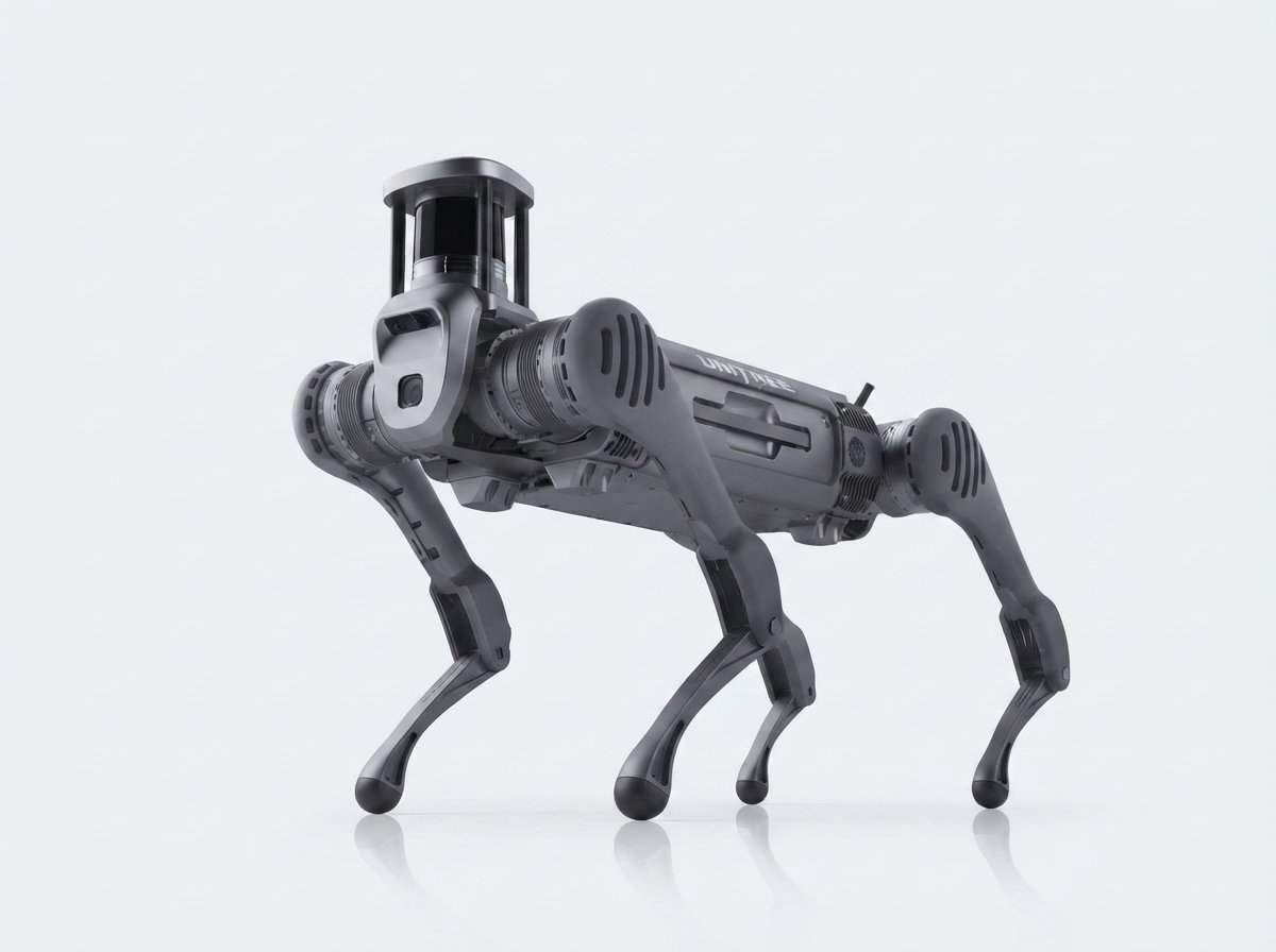 Unitree B2 im Studio — großer grau-metallischer Industrie-Vierbeiner mit Sensorturm (KI-Studio-Darstellung auf Basis von Unitree-Produktgrafik)