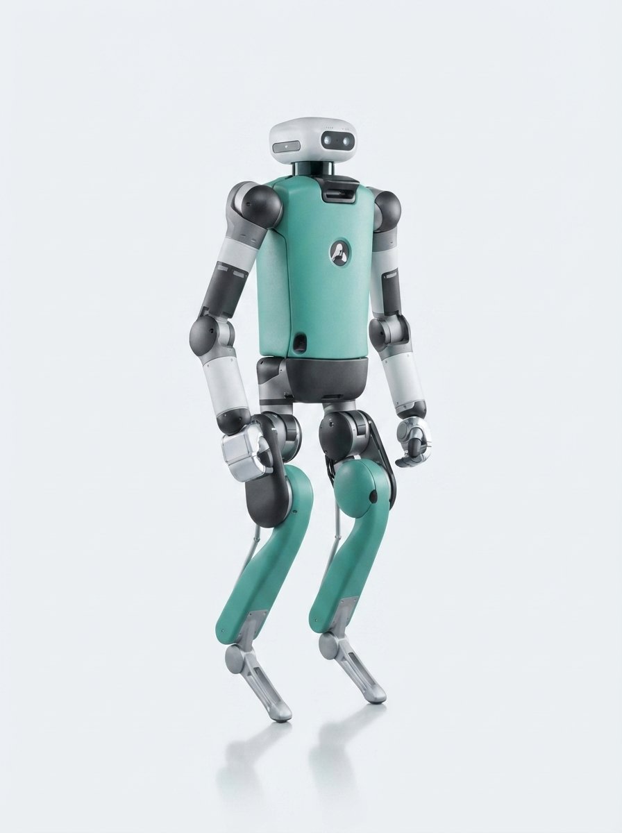 Agility Robotics Digit im Studio — türkis-weißer Lager-Humanoid mit den charakteristischen rückwärts gewinkelten Beinen (KI-Studio-Darstellung nach offiziellem Agility-Videomaterial)