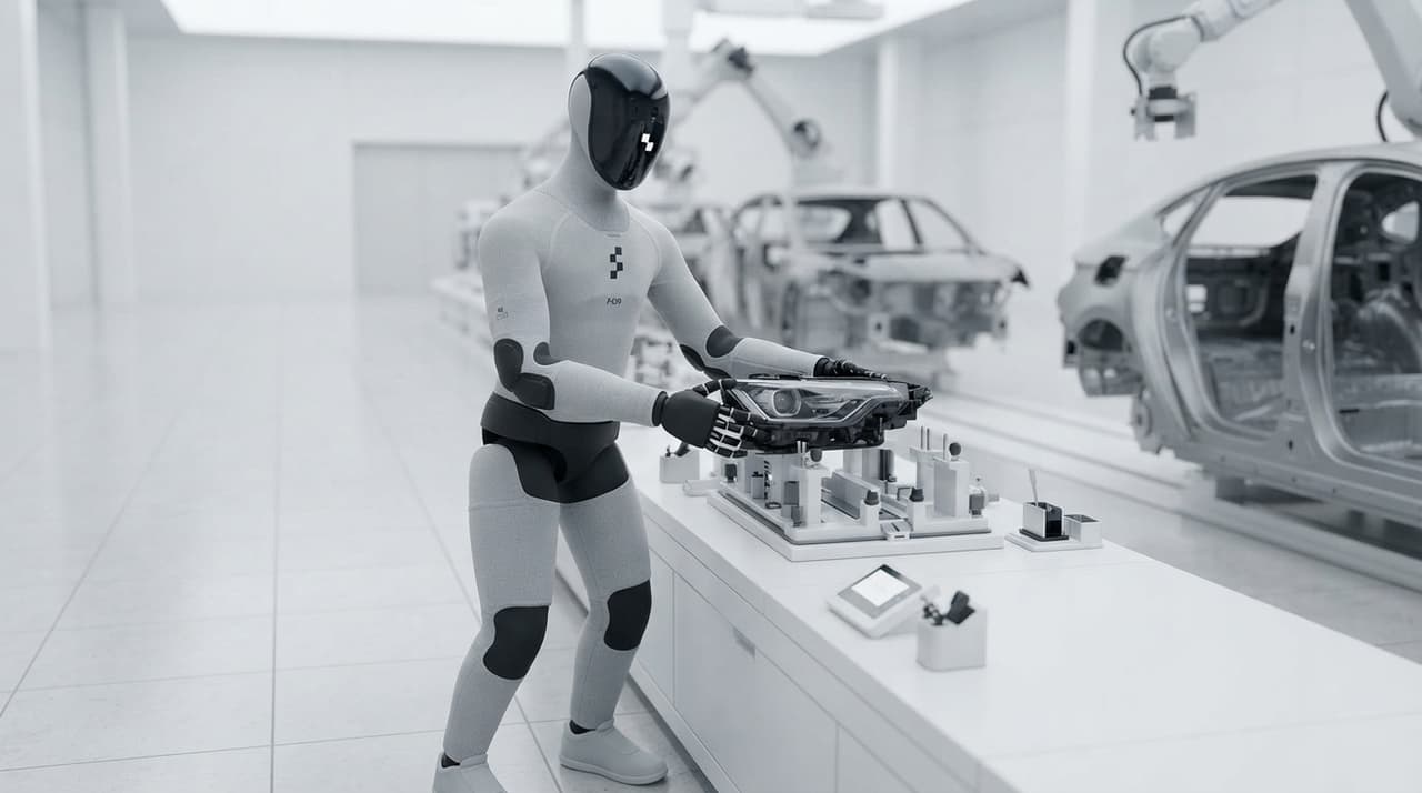 Grauer humanoider Roboter mit Textil-Polstern an einer hellen Automobil-Fertigungslinie mit Karosserien im Hintergrund (KI-Illustration)