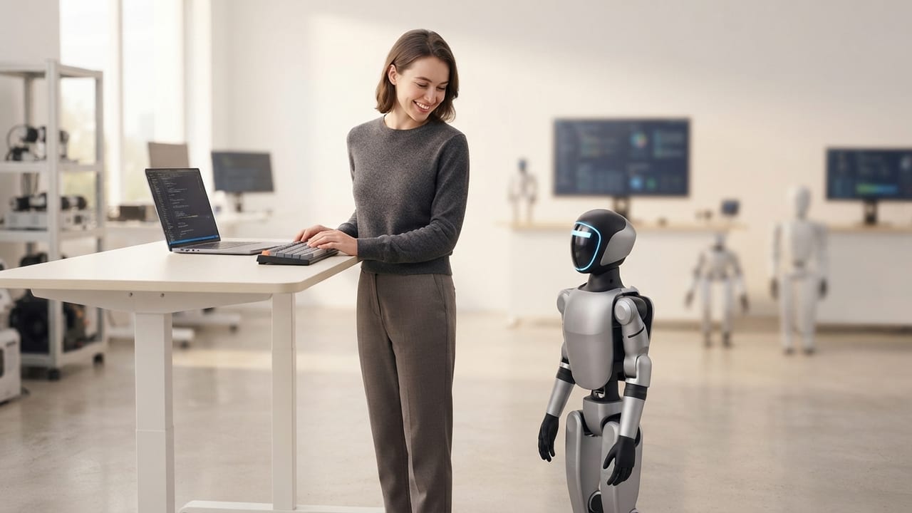 Unitree G1 im Robotik-Labor — die meistverkaufte Entwickler-Plattform 2026 (KI-Studio-Darstellung)