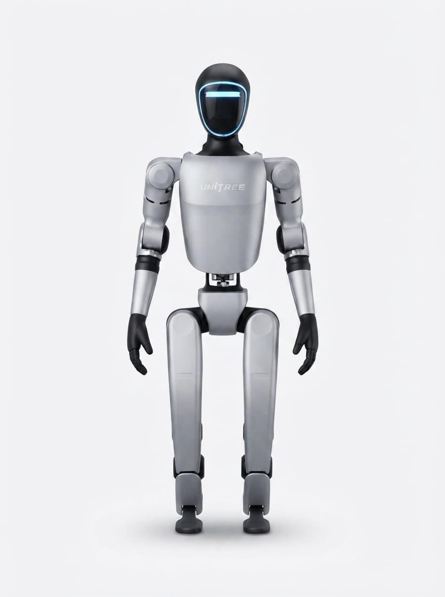 Unitree G1 in frontaler Pose — silbergrauer Humanoid mit leuchtend blauem Visier und UNITREE-Schriftzug (KI-Studio-Darstellung nach CC0-Fotoreferenz)
