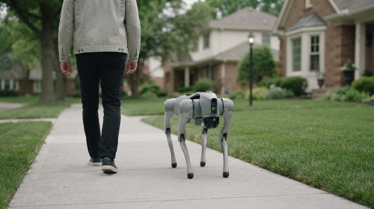 Weißer Roboterhund folgt einer Person auf einem hellen Gehweg (KI-Illustration)