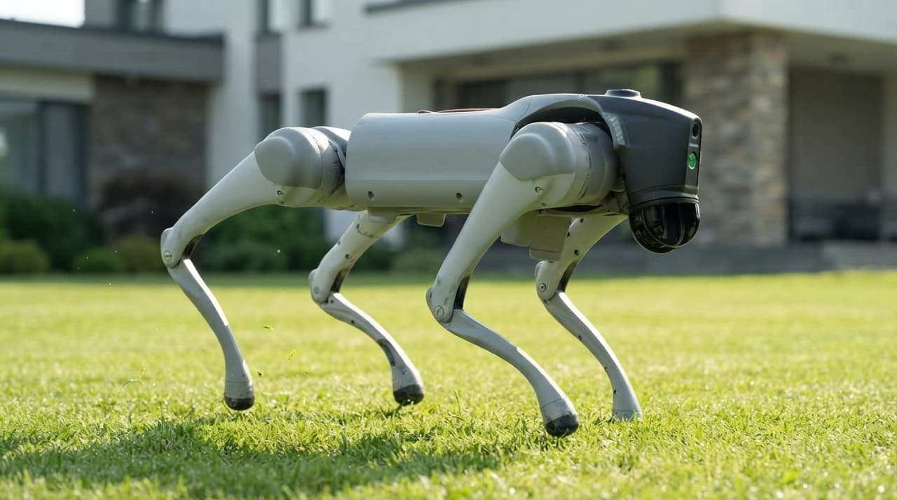 Unitree Go2 läuft über unebenes Gelände im Außenbereich — Terrain, an dem Räder-Roboter scheitern (KI-Illustration)