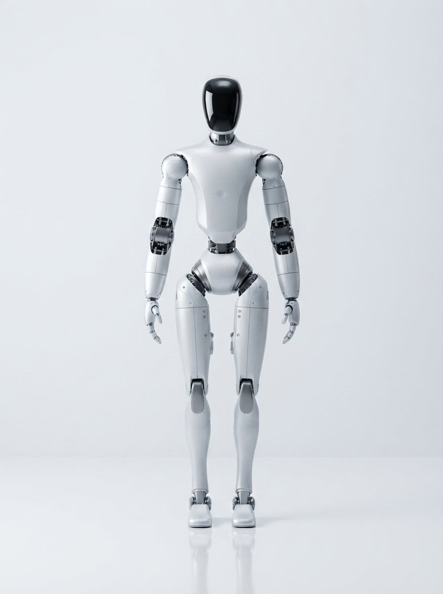 Unitree H2 frontal im Studio — athletischer silber-weißer Full-Size-Humanoid mit schwarzem Visier (KI-Studio-Darstellung auf Basis von Unitree-Produktgrafik)