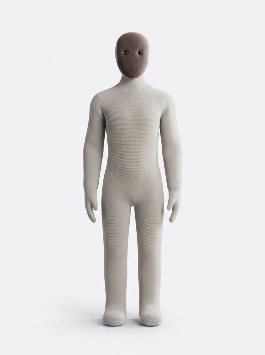 1X NEO in frontaler Pose — beiger Strickstoff-Anzug, weiches Gesicht mit Kamera-Augen (KI-Studio-Darstellung auf Basis von 1X-Pressematerial)