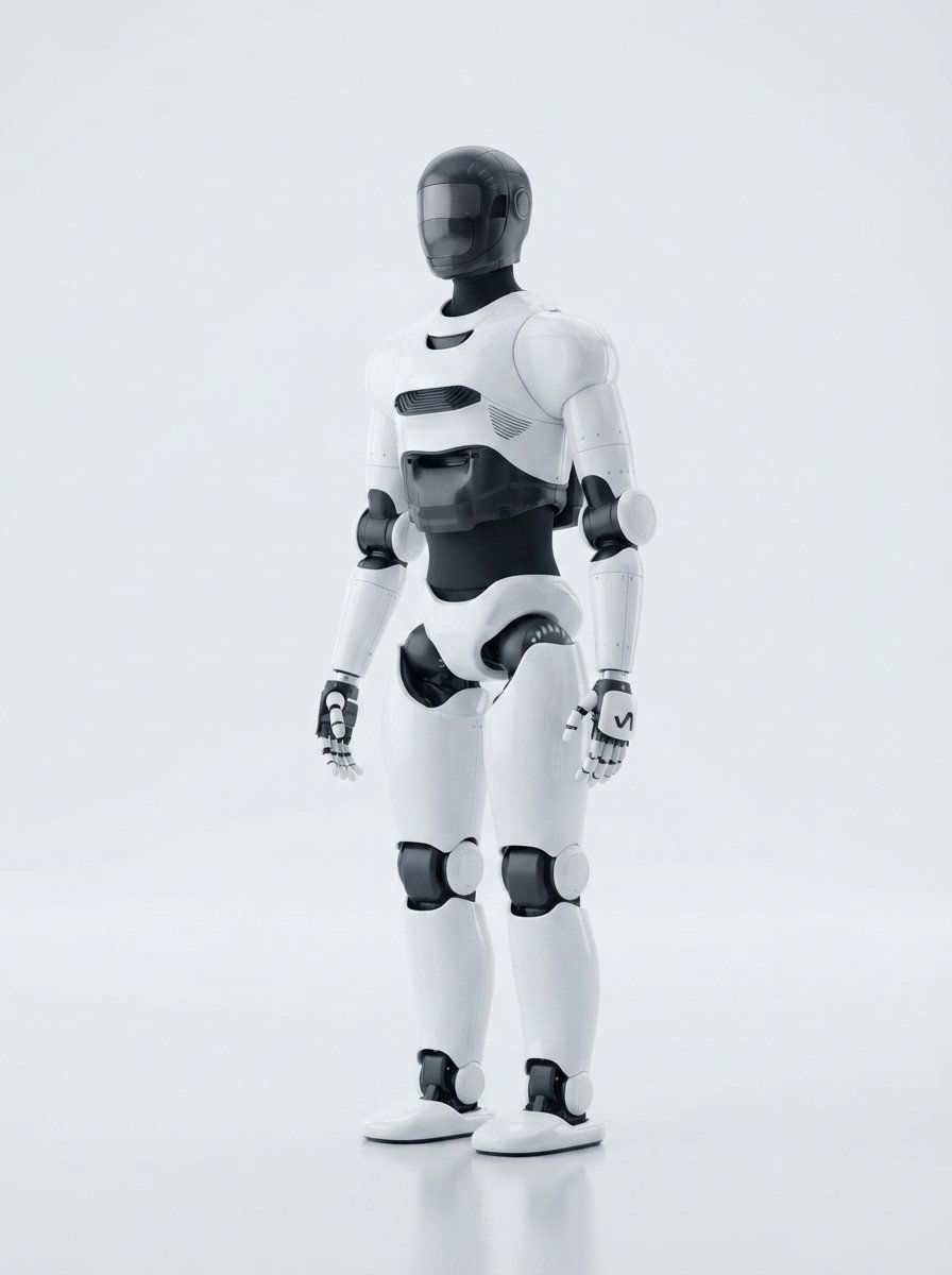NEURA Robotics 4NE-1 im Studio — glänzend weiße Schalen mit schwarzen Gelenken, freundlicher runder Kopf (KI-Studio-Darstellung auf Basis von NEURA-Produktgrafik)