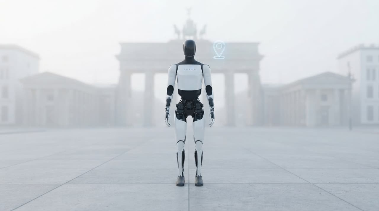 Tesla-Optimus-Design steht im Morgennebel auf einem leeren Platz vor dem Brandenburger Tor, über der Schulter ein blaues Standort-Hologramm (KI-Illustration)