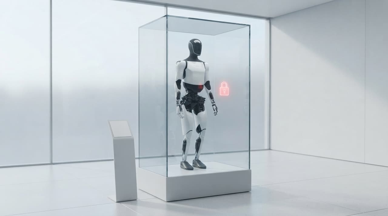 Tesla-Optimus-Design in einer verschlossenen Glasvitrine in hellem Showroom, davor ein rotes Schloss-Hologramm und ein leerer Preisschild-Ständer (KI-Illustration)