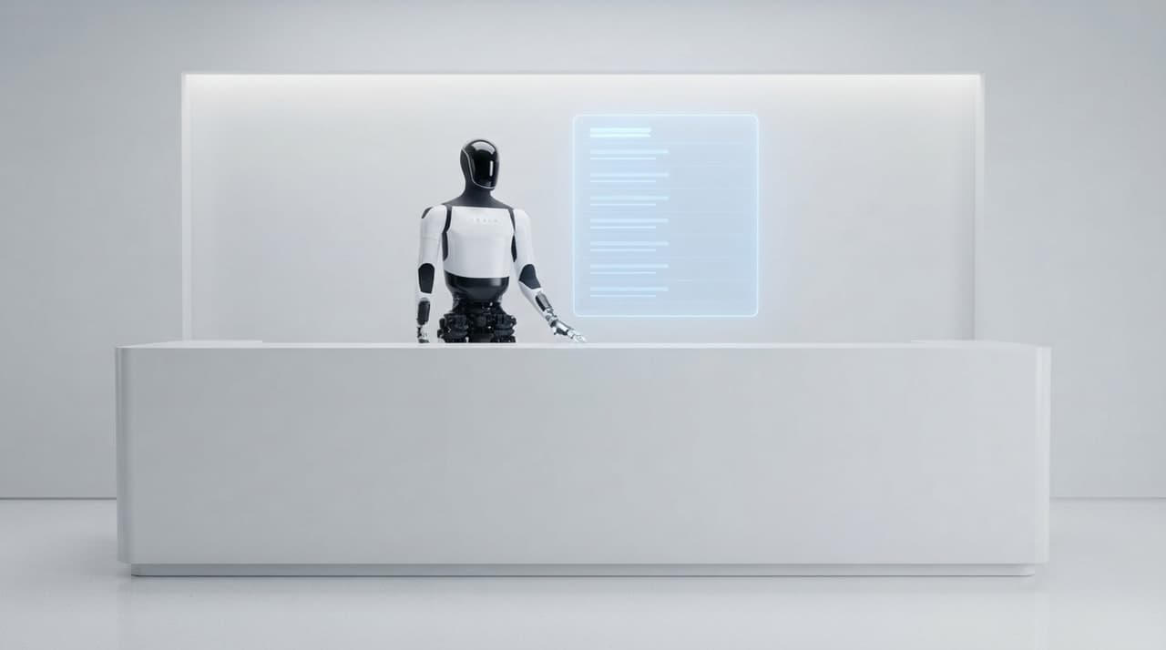 Tesla-Optimus-Design hinter einem weißen Empfangstresen, darüber ein leeres blaues Hologramm-Listenpanel (KI-Illustration)