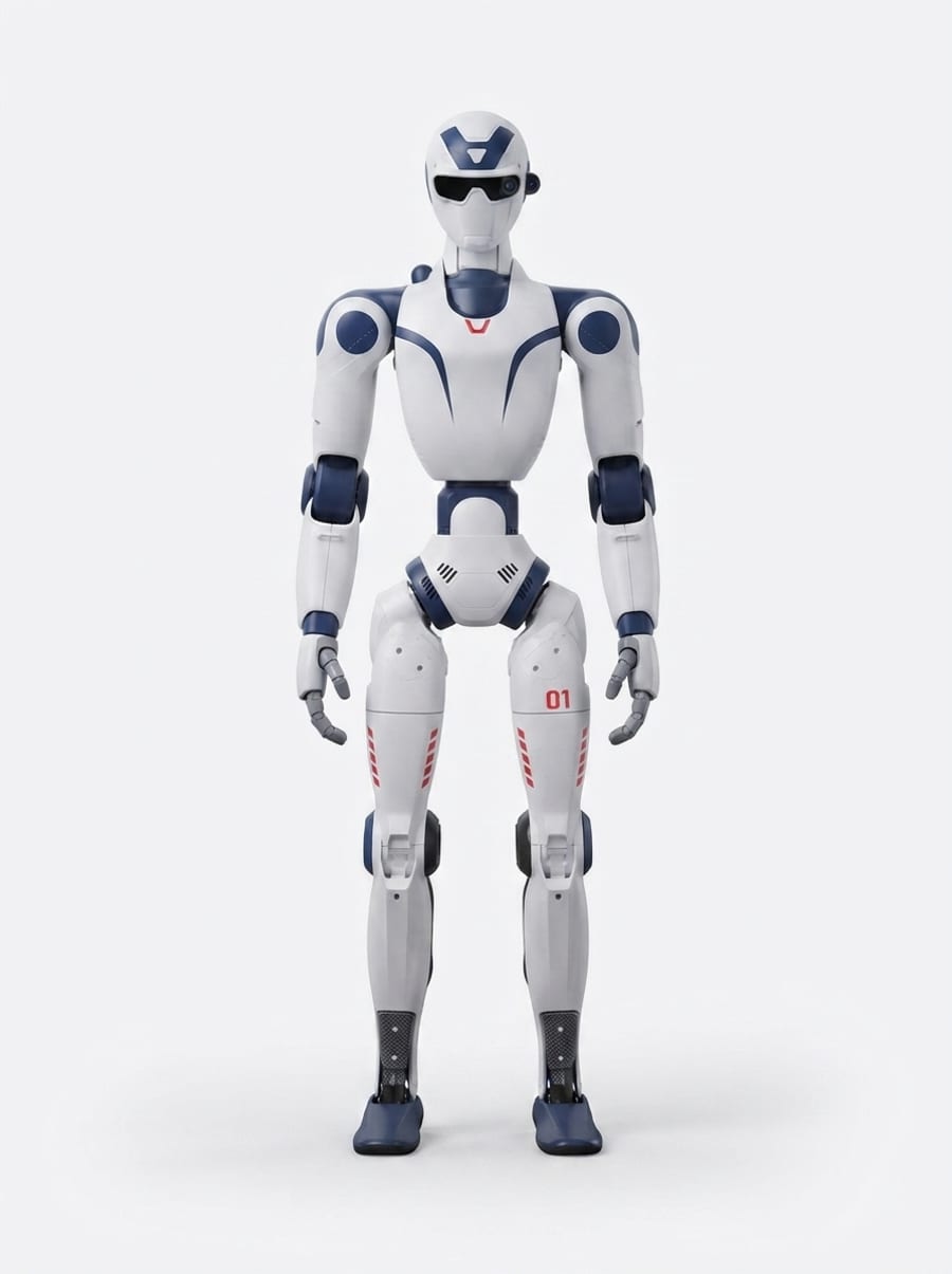 Unitree R1 in frontaler Pose — weiß-navy Humanoid mit rotem Brust-Emblem, 01-Kennung und roten Streifen (KI-Studio-Darstellung nach Unitree-Referenzmaterial)