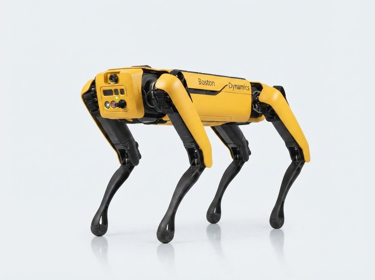 Boston Dynamics Spot im Studio — der ikonische gelb-schwarze Industrie-Vierbeiner in Dreiviertel-Ansicht (KI-Studio-Darstellung nach Fotoreferenz)