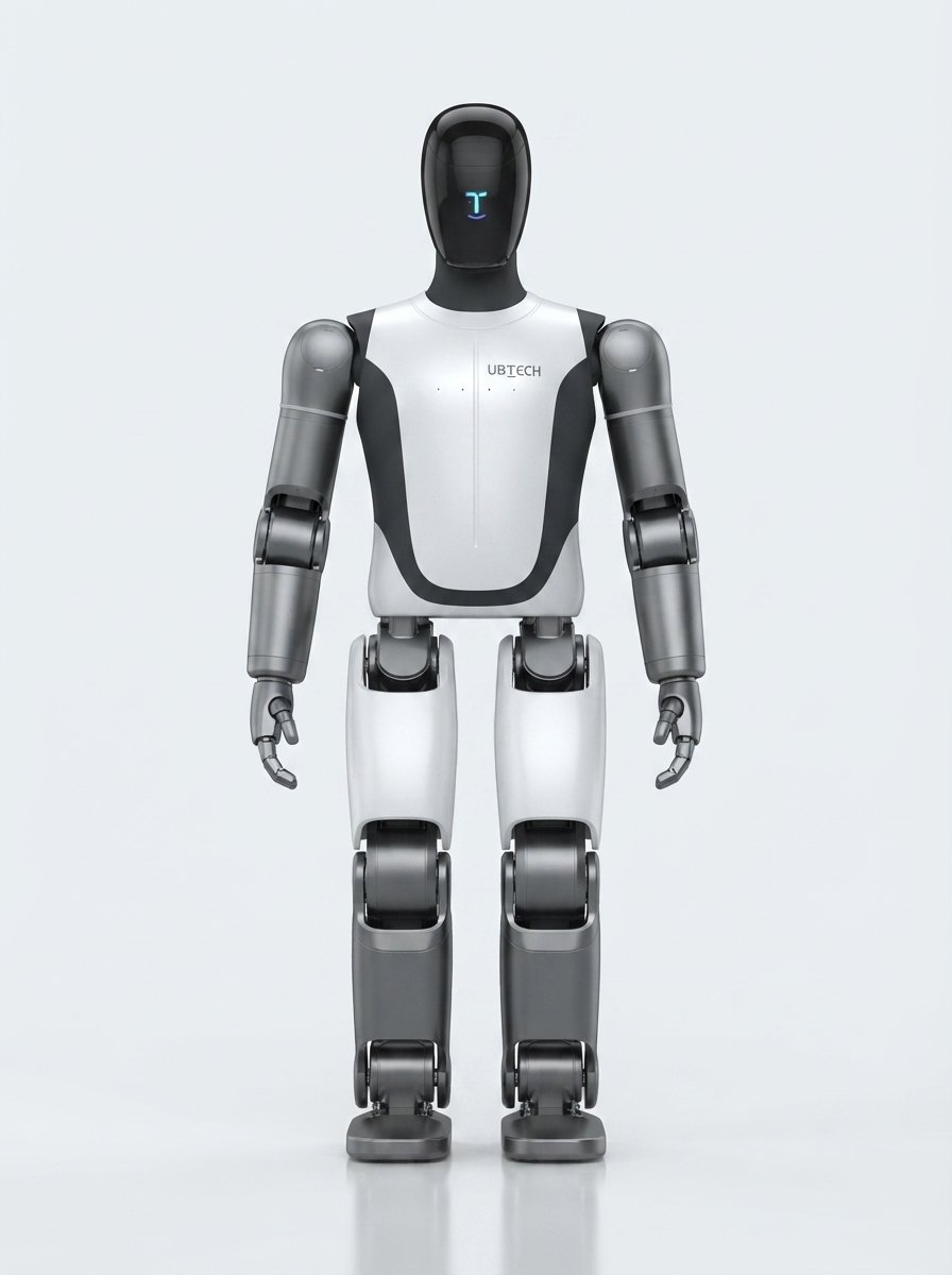 UBTECH Walker S2 frontal im Studio — weißer Torso mit UBTECH-Schriftzug, dunkle Gliedmaßen, schwarzes Visier mit blau leuchtendem Emblem (KI-Studio-Darstellung nach offiziellem UBTECH-Videomaterial)