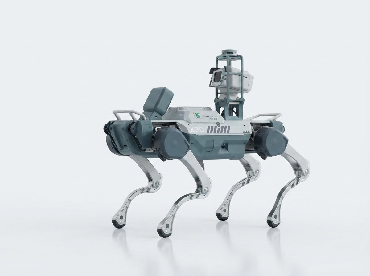 Deep Robotics X30 im Studio — türkis-grauer Industrie-Vierbeiner in Dreiviertel-Ansicht (KI-Studio-Darstellung nach offiziellem Deep-Robotics-Videomaterial)