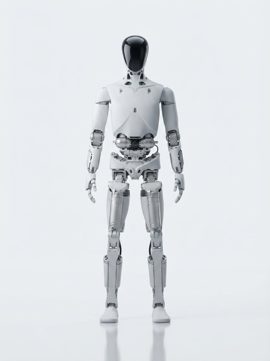 XPeng IRON frontal im Studio — sehr menschliche Proportionen, glatte weiß-graue Panels, schwarzes Visier (KI-Studio-Darstellung nach Aufnahmen der offiziellen XPeng-Präsentation)