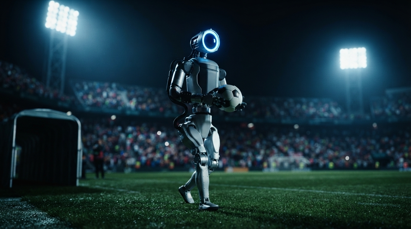 Atlas mit Spielball im Stadion-Flutlicht — KI-Illustration nach Boston-Dynamics-Design