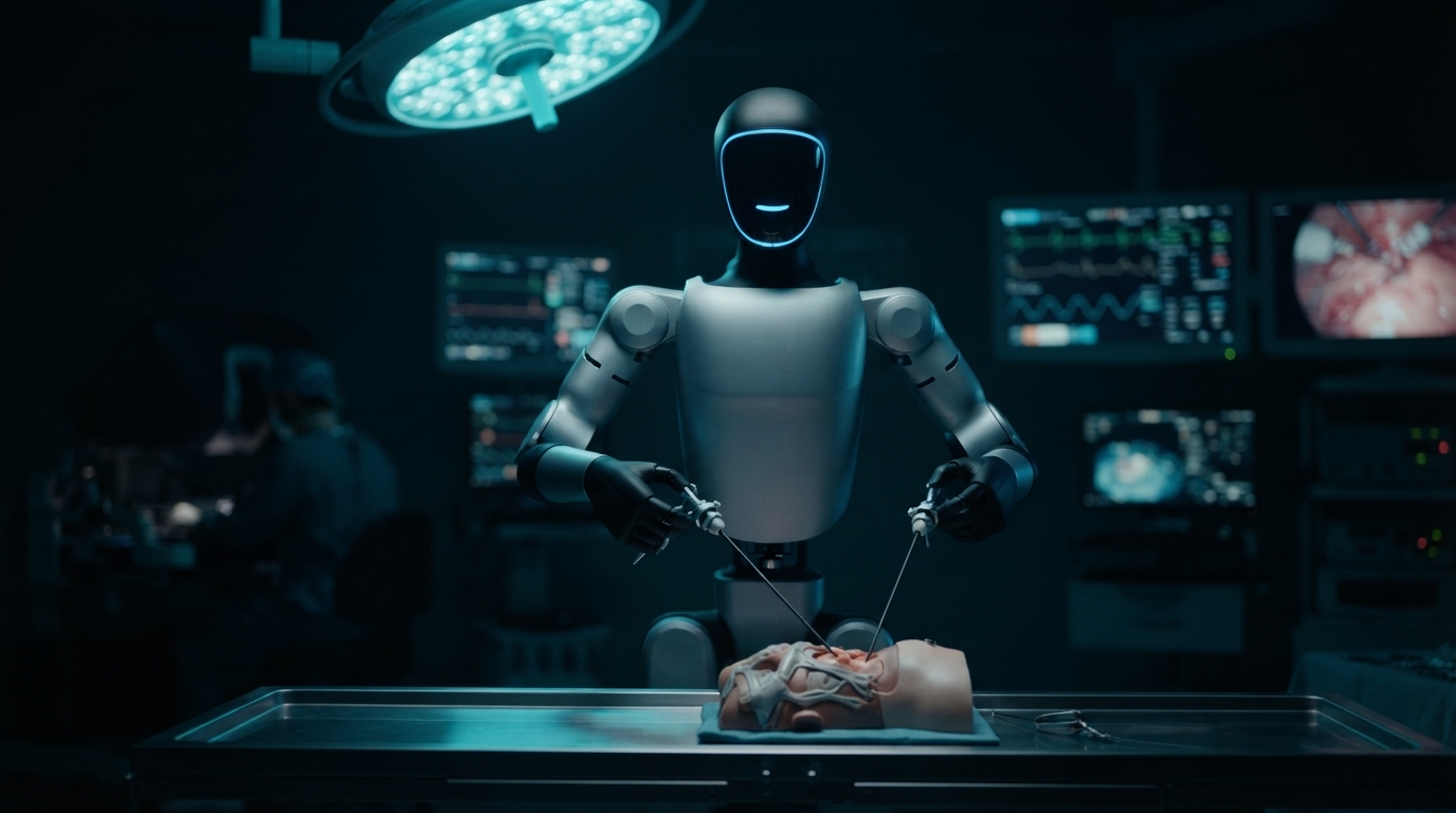 Humanoider Roboter mit Laparoskopie-Instrumenten am OP-Tisch — KI-Illustration nach Unitree-G1-Design