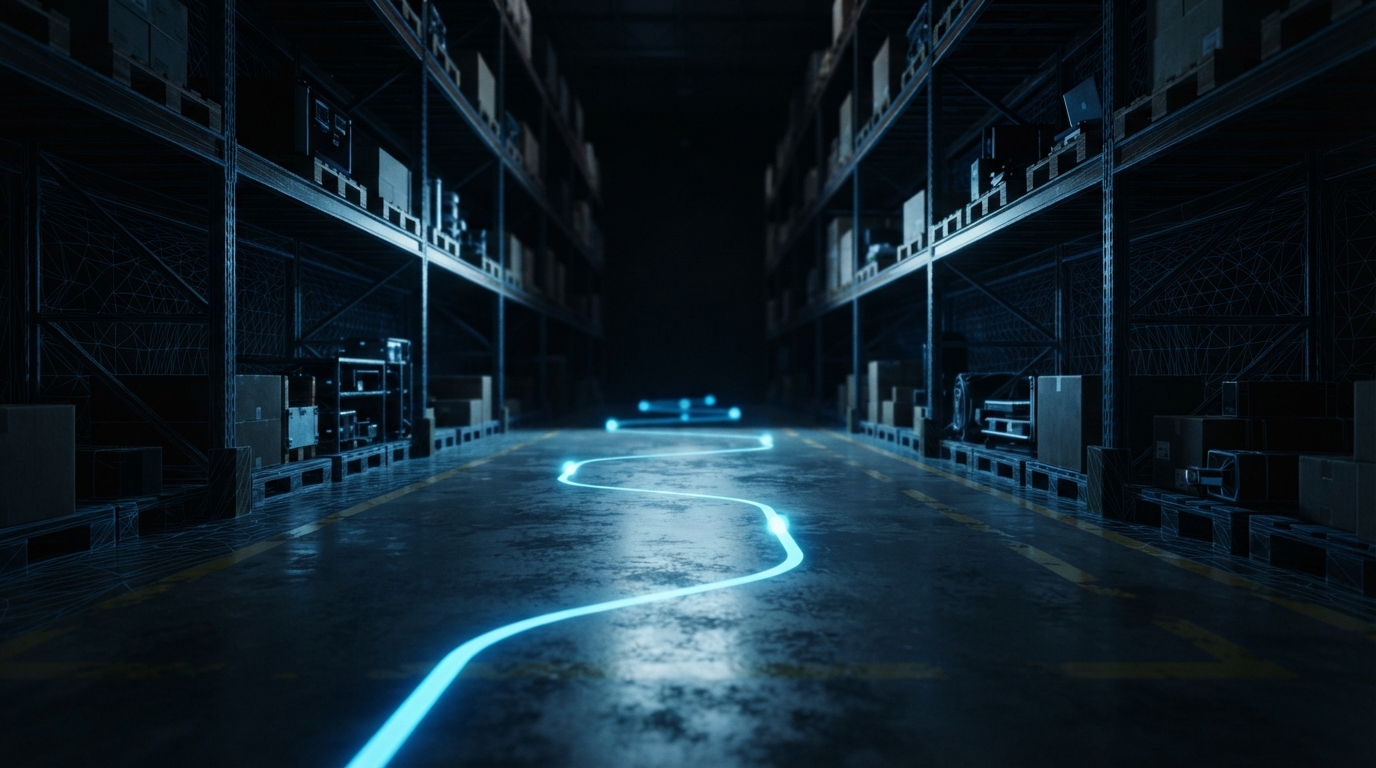 Leuchtender Navigationspfad durch dunkle Lagerhalle — Symbolvisualisierung
