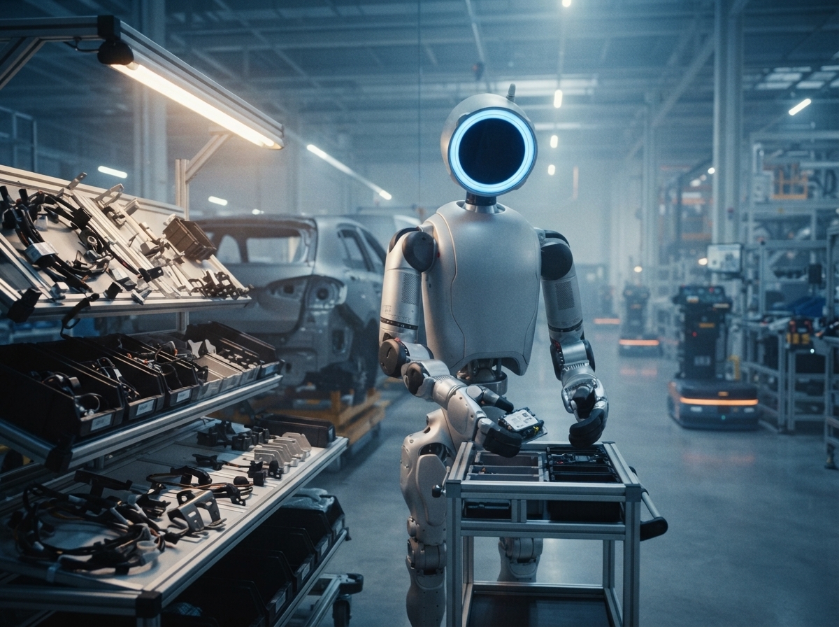 Atlas an einer Teile-Sequenzier-Station in einem Autowerk — KI-Illustration nach Boston-Dynamics-Design