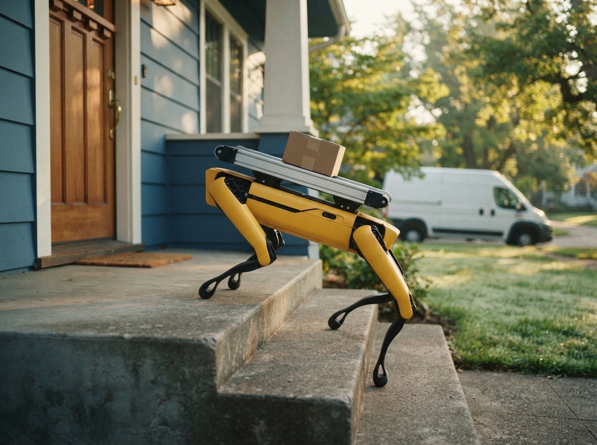 Spot mit Förderband-Aufsatz und Paket auf einer Haustreppe — KI-Illustration nach Boston-Dynamics-Design