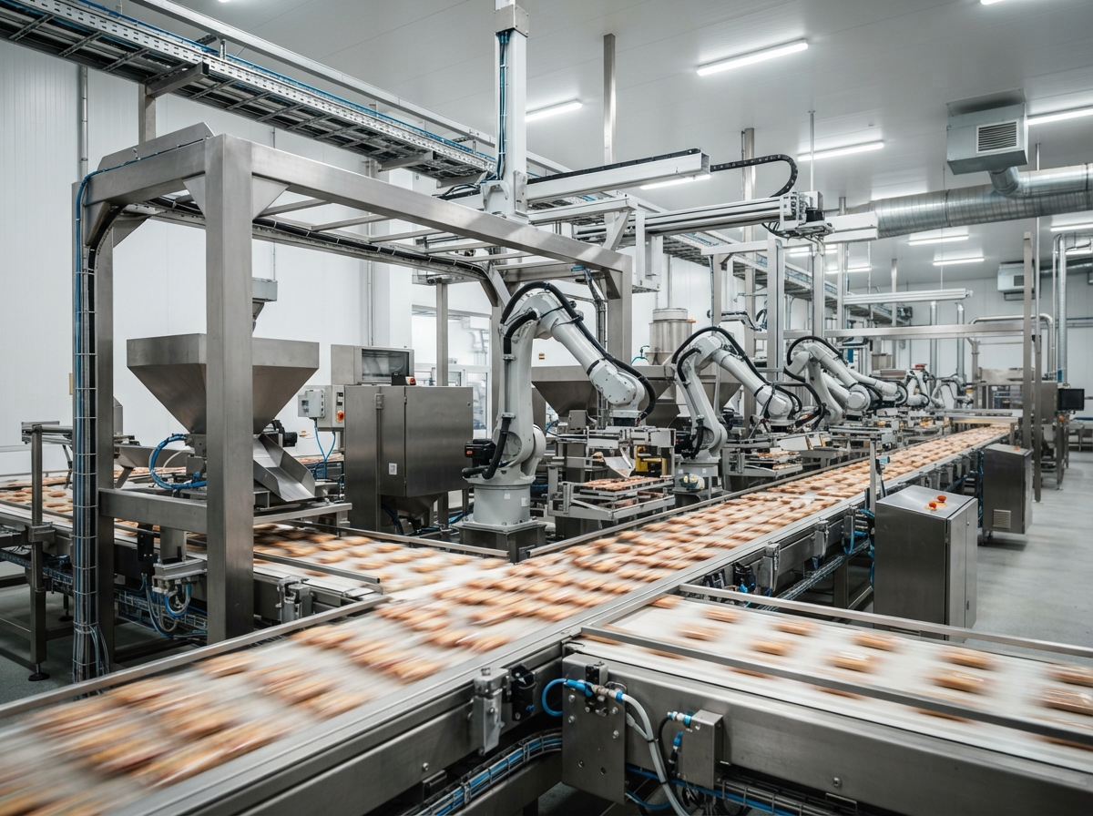 Spezialisierte Automatisierung in einer Lebensmittelproduktion: Roboterarme und Förderbänder, kein humanoider Roboter — KI-Illustration