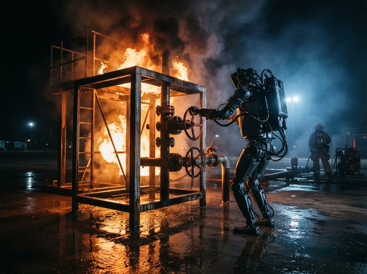 Humanoider Roboter greift an einem Rohrgestell mit Industrieventilen nach einem Rad, dahinter echtes Feuer und Rauch auf einem Übungsgelände, KI-Illustration