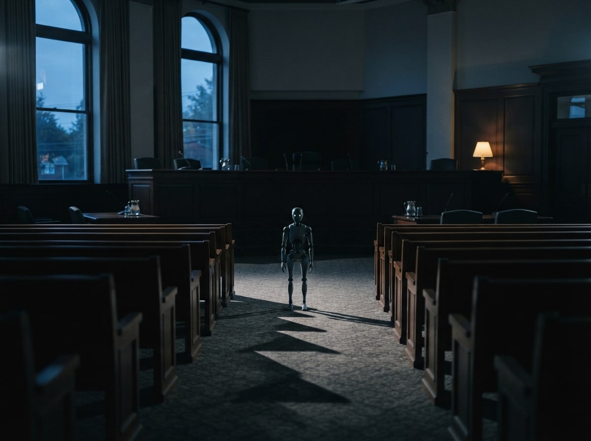Leerer amerikanischer Ratssaal in der Abenddämmerung, ein einzelner humanoider Roboter steht im Mittelgang vor dem Podium, KI-Illustration