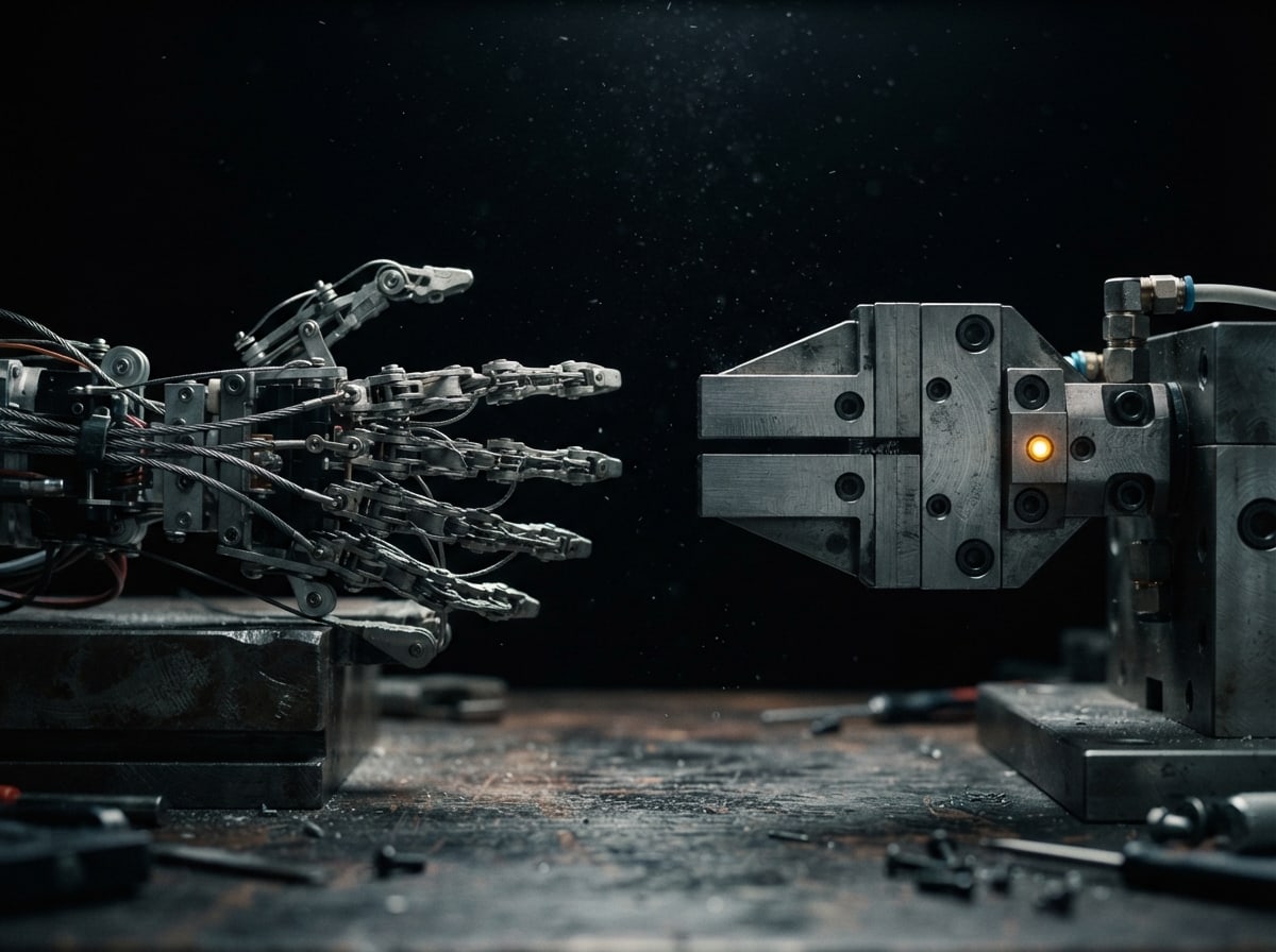 Nahaufnahme einer filigranen fünffingrigen Roboterhand mit sichtbaren Zügen neben einem einfachen Zwei-Backen-Greifer aus Stahl, KI-Illustration