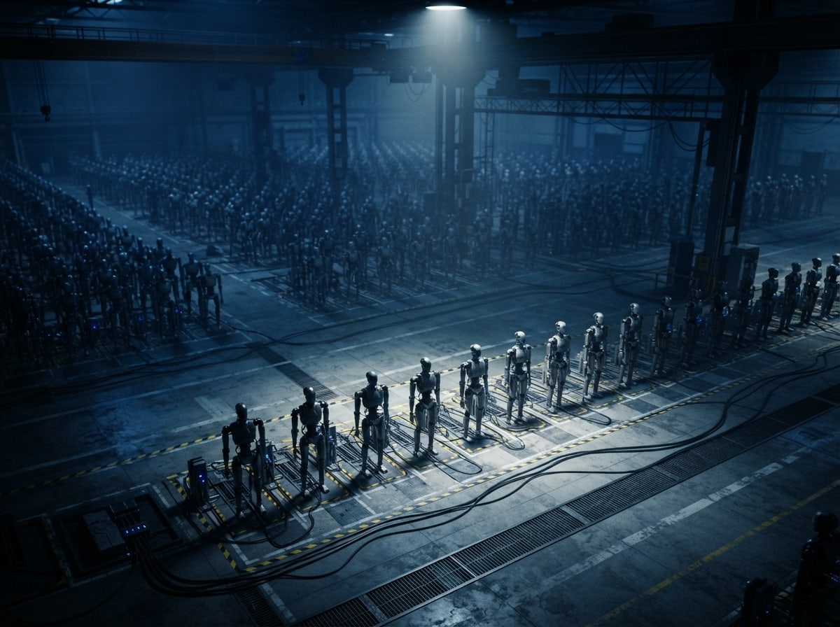 Endlose Reihen humanoider Roboter in Ladebuchten einer nächtlichen Fabrikhalle, eine Reihe im Scheinwerferlicht, KI-Illustration