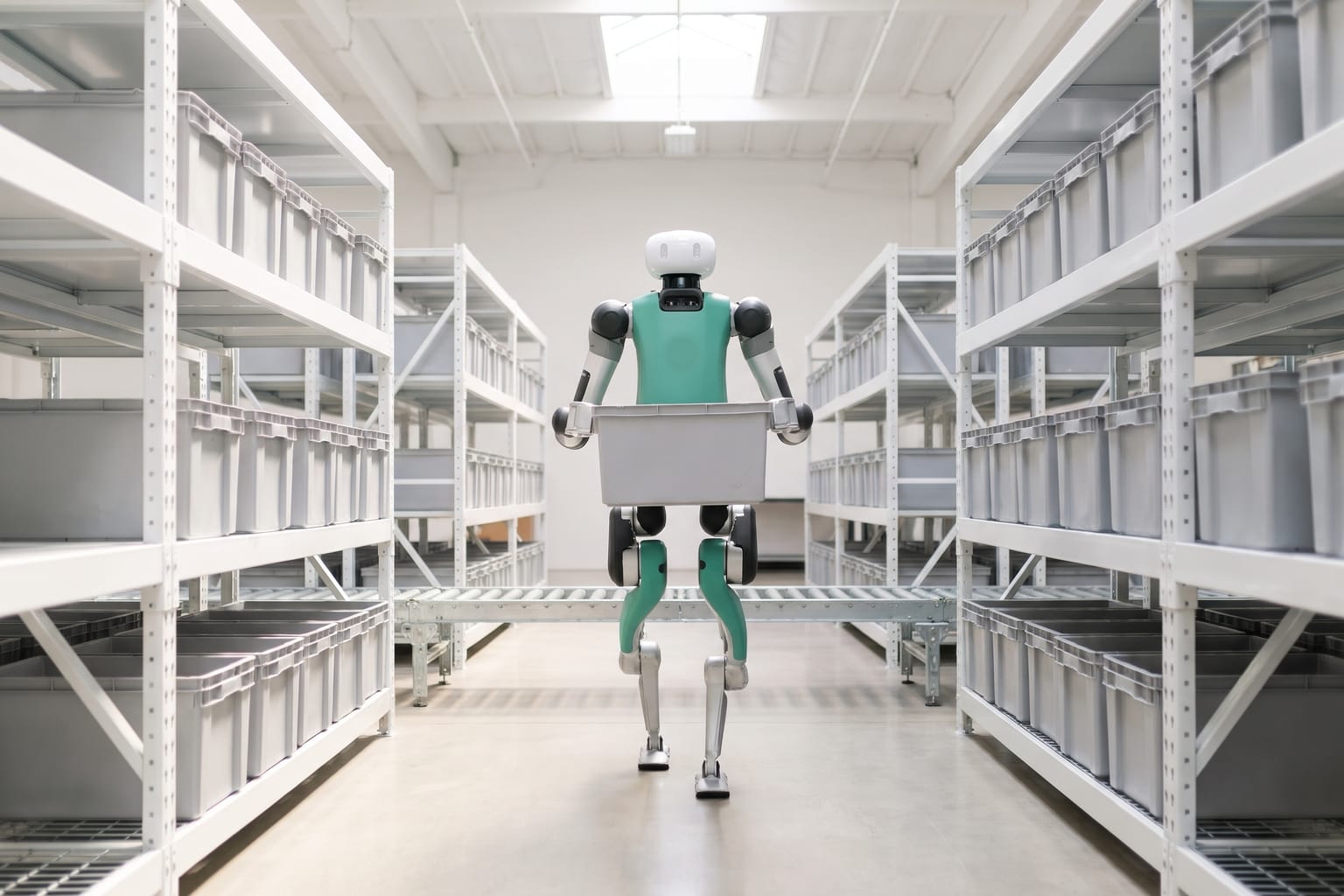 Symbolische KI-Illustration: ein Roboter nach dem Design des Agility Digit trägt eine Kiste in einem hellen Lager.
