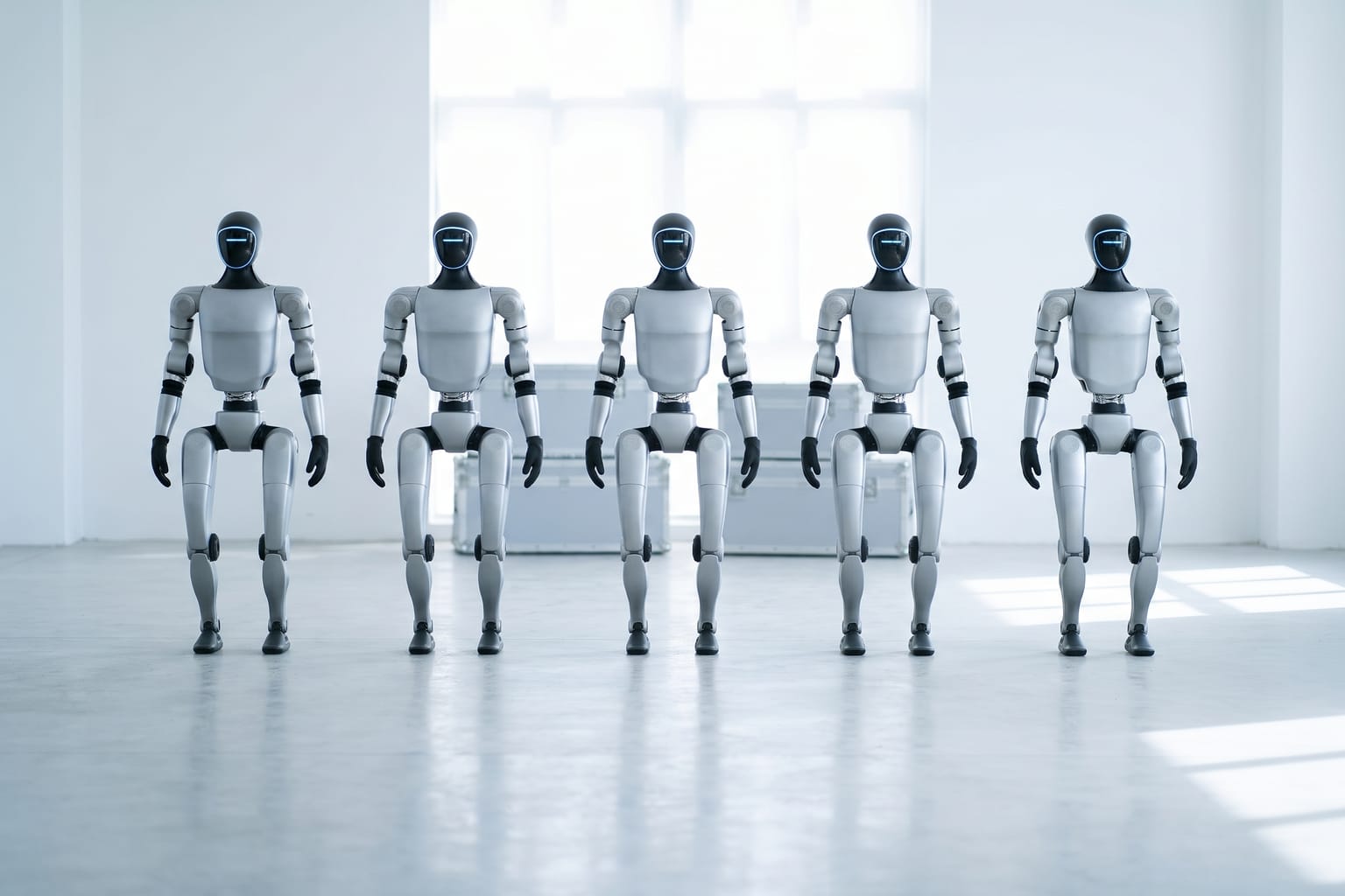 Symbolische KI-Illustration: mehrere Roboter nach dem Design des Unitree G1 stehen abgeschaltet in einer Reihe in einer hellen Halle.